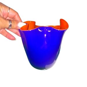 Gorgeous Handblown Art Glass Cobalt Blue And Orange Glass Hankerchief Vase